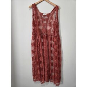Style‎ Apparel Rust Orange Floral Lace Duster Vest Boho Sheer Longline Medium